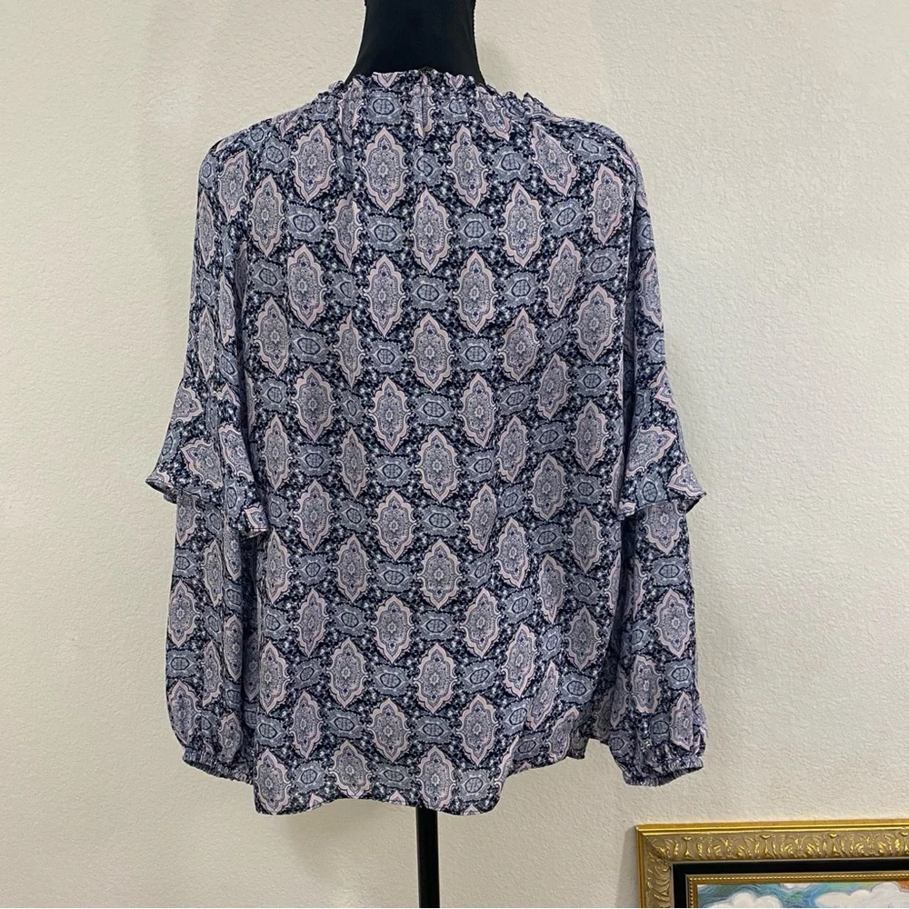 Kobi Halperin Size Med Patterned Blouse, Ruffle, Long Sleeve, 100% Silk - Picture 3 of 5